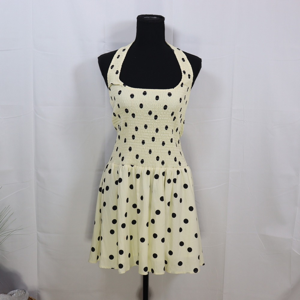 Loucia Halter Polka Dot Dress M‎ Yellow Womens Smocked Retro Summer